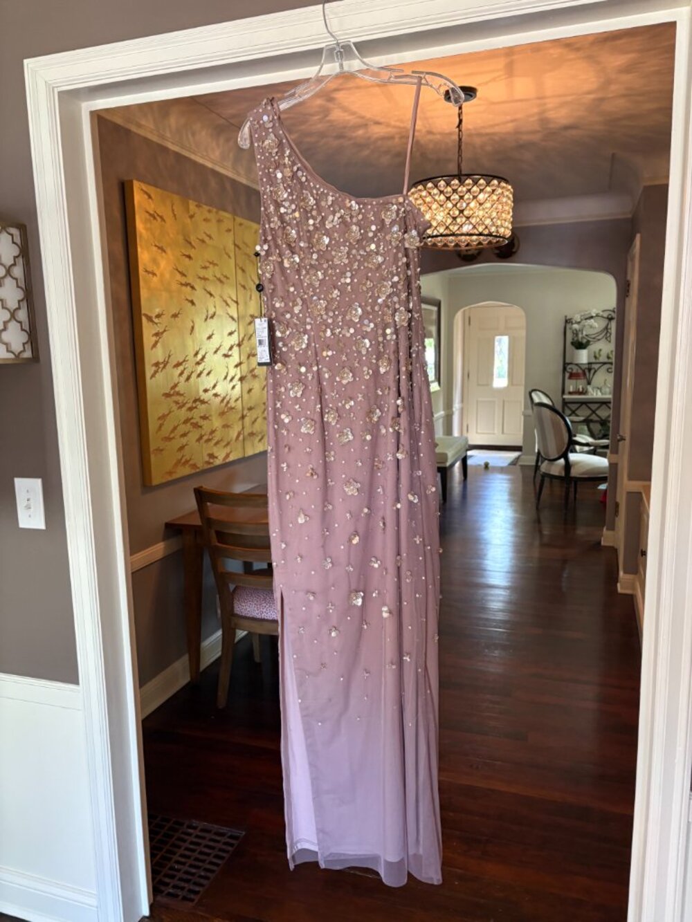 NWT Adrianna Papell Beaded One Shoulder Gown in Stone/Taupe. Size 10 - Picture 12 of 16